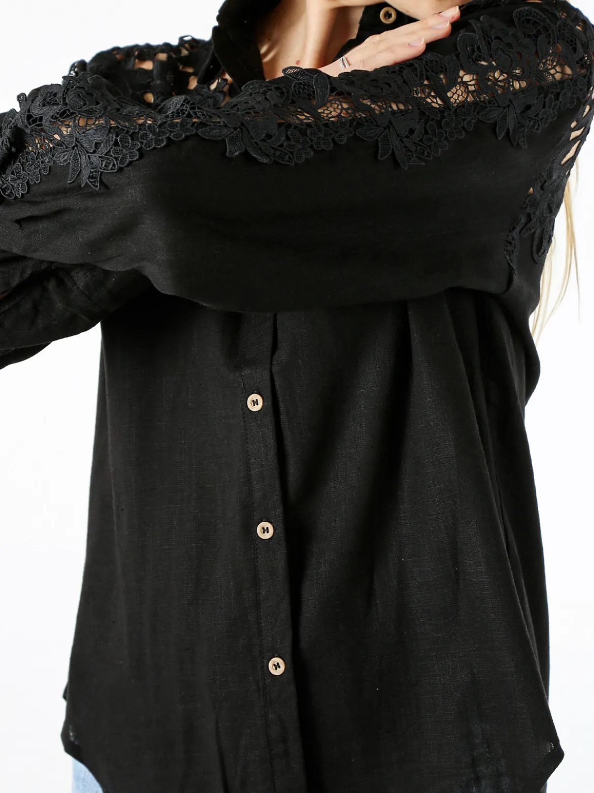 Rossamiss Camicia donna a maniche lunghe con dettagli in pizzo macramè - nero