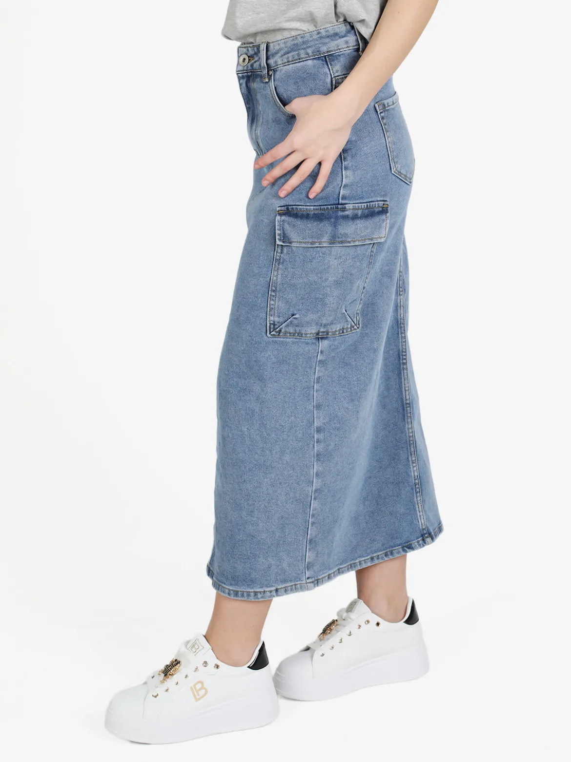 Sexy Sense Gonna in denim con tasconi laterali e spacco profondo