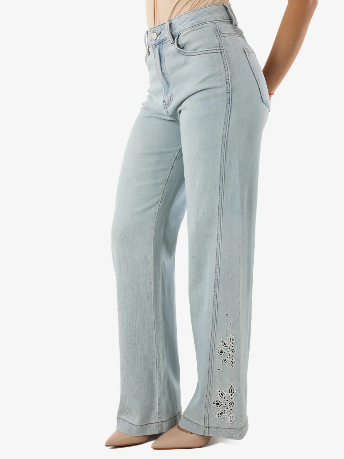 Sexy Sense Jeans donna a gamba larga con ricami e strass sul finale - jeans