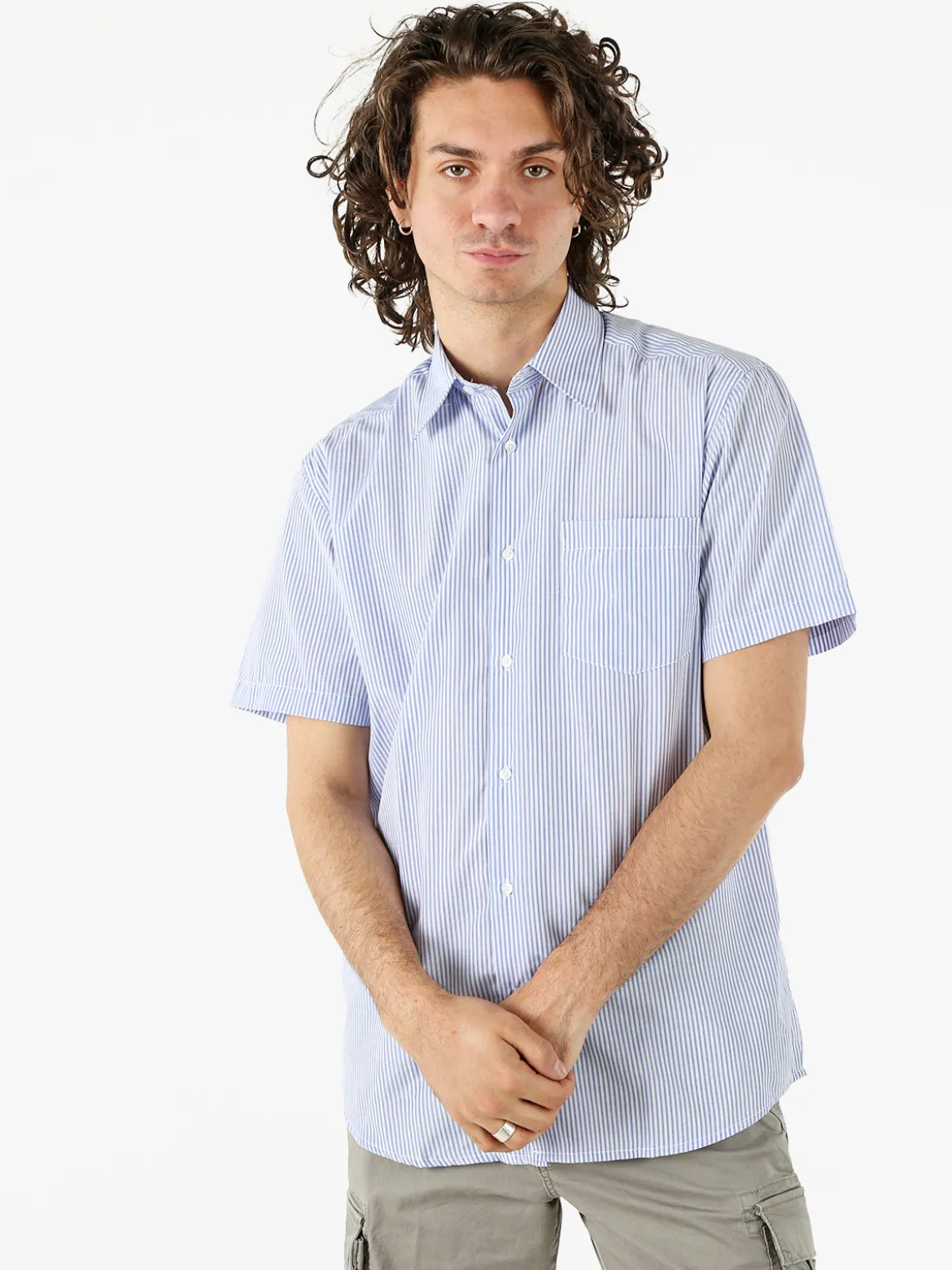 Sky Camicia da uomo rigata a maniche corte con taschino - blu