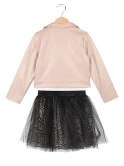 Smile Yes Completo 3 pezzi da bambina con giacca in ecopelle e gonna in tulle