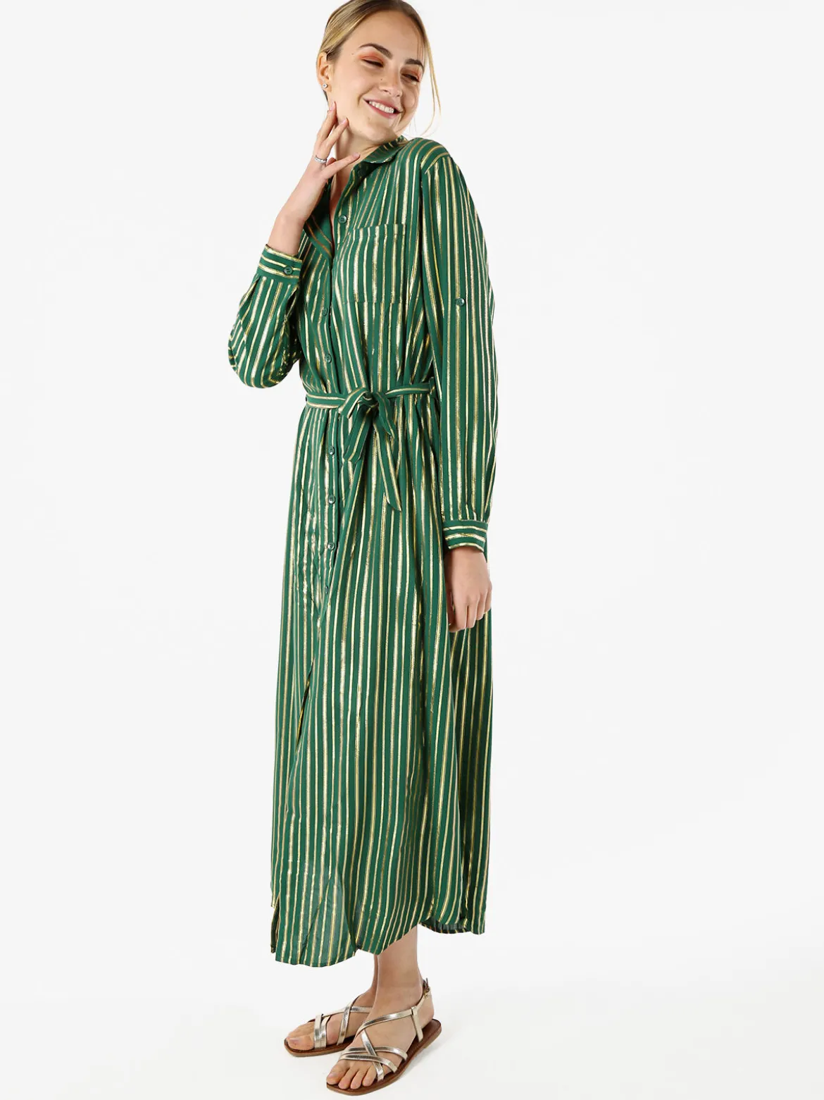 Solada Abito lungo a camicia con maniche lunghe e stampa a righe - verde