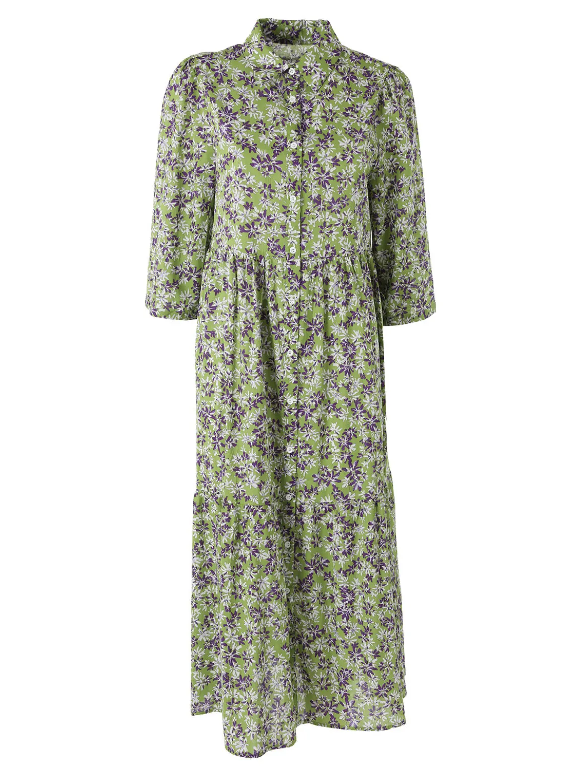 Solada Abito lungo da donna a camicia in cotone con maniche a 3/4 - verde
