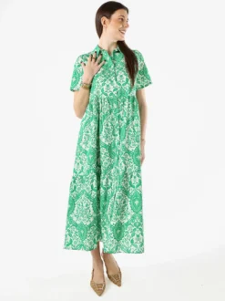 Solada Abito lungo da donna a camicia in cotone con maniche corte - verde