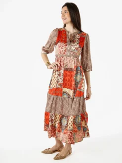 Solada Abito lungo da donna con stampe colorate e maniche a 3/4 - arancione