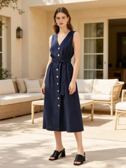 Solada Abito smanicato da donna a camicia in misto lino - blu scuro