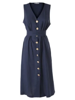 Solada Abito smanicato da donna a camicia in misto lino - blu scuro