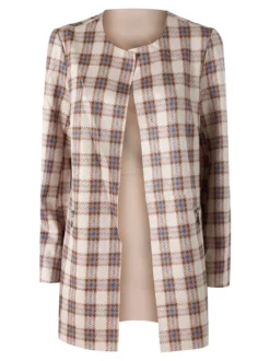 Solada Blazer donna aperto in tessuto scamosciato con stampe a quadri - cammello