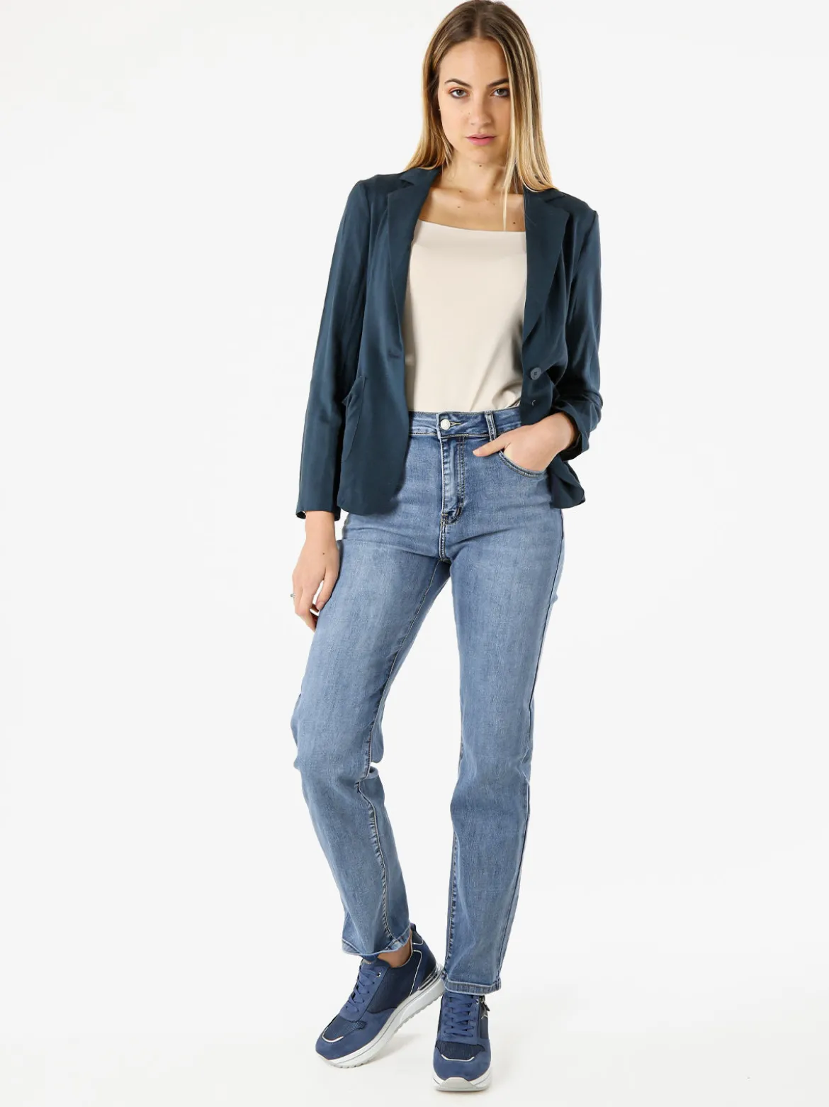 Solada Blazer donna in misto lino con bottone - blu scuro