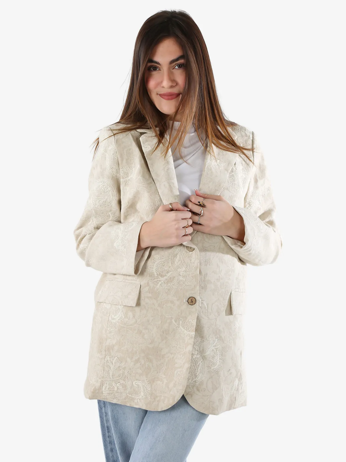Solada Blazer donna oversize in cotone con ricami - beige