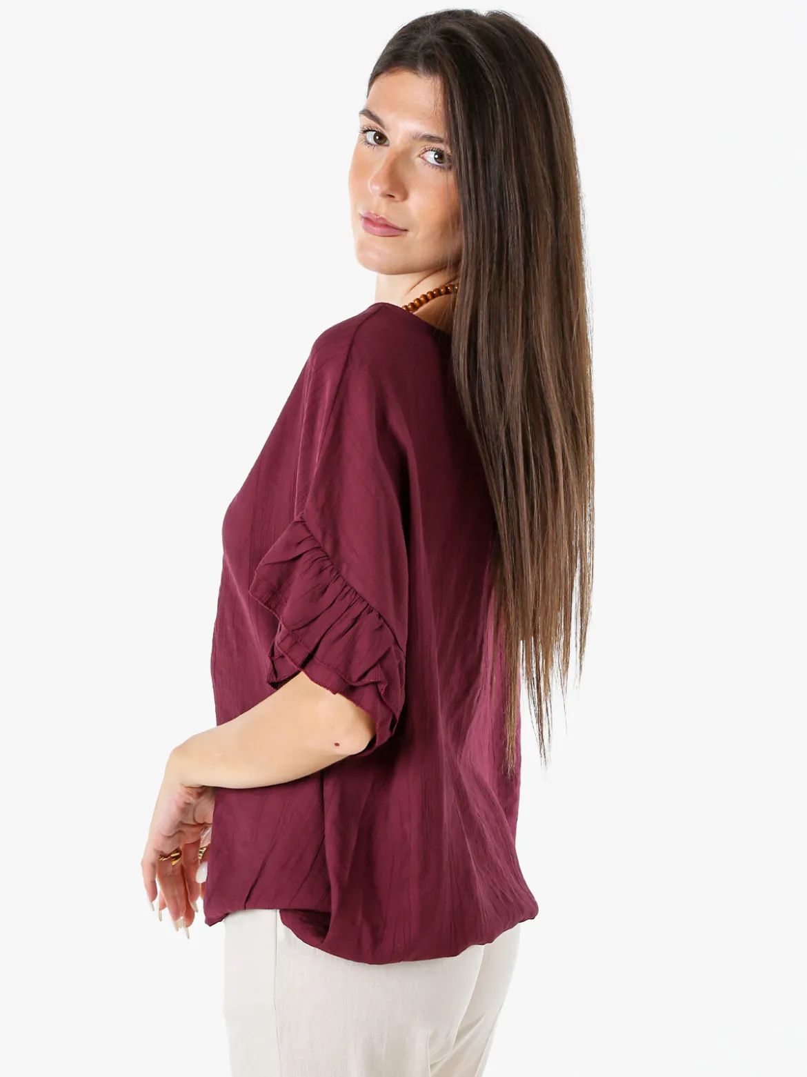 Solada Blusa da donna con maniche corte a volant - porpora