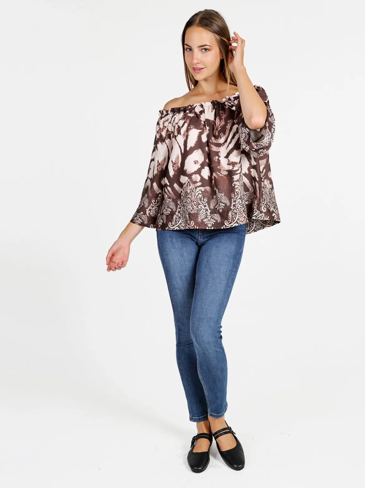Solada Blusa donna con scollo a barca e maniche corte ampie - moro