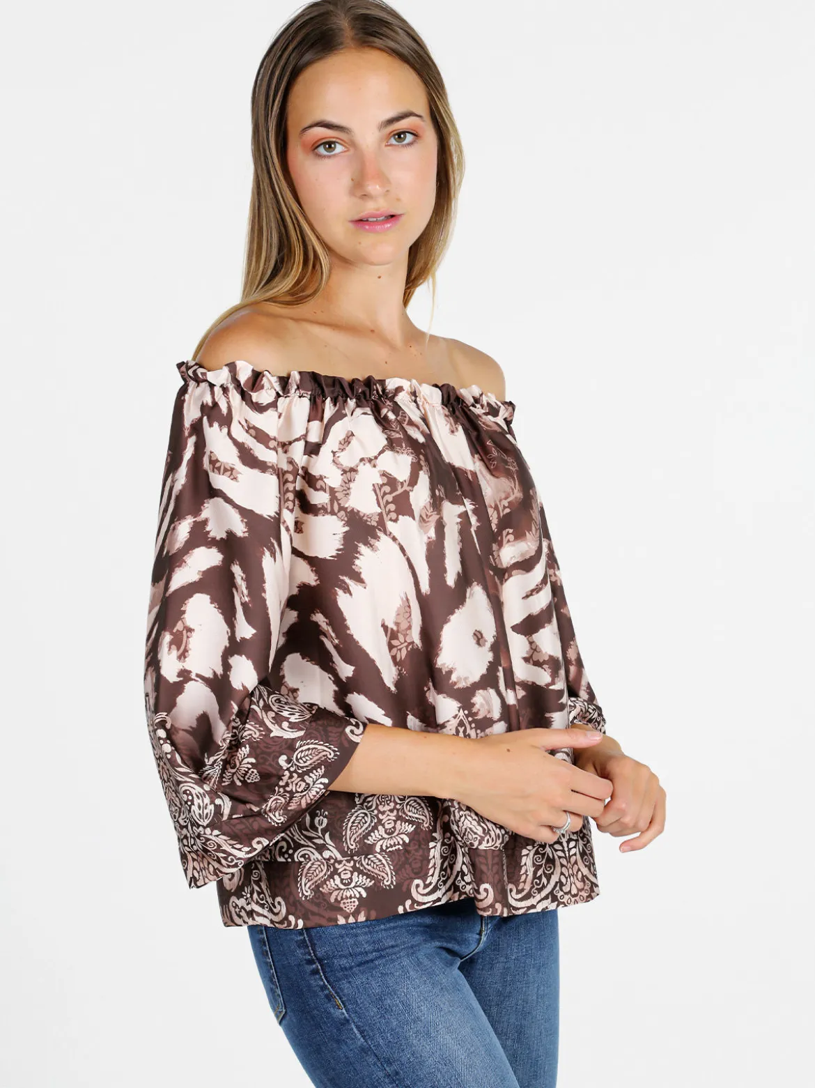 Solada Blusa donna con scollo a barca e maniche corte ampie - moro