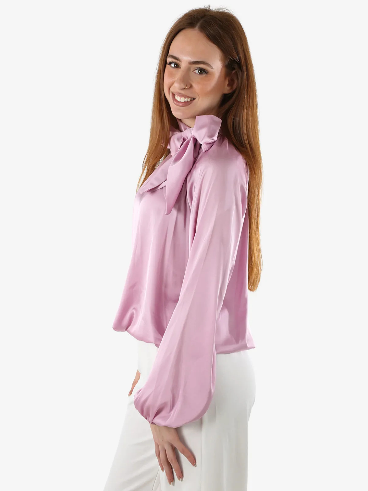 Solada Blusa donna in tessuto simil raso a maniche lunghe - rosa