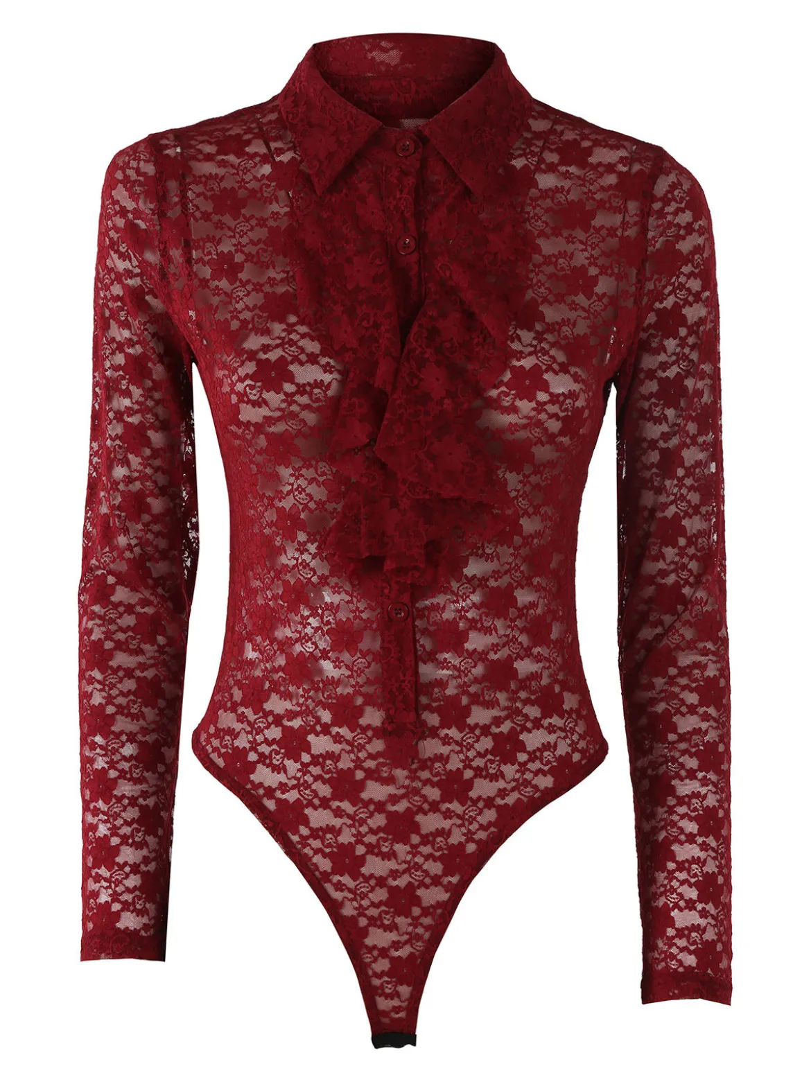 Solada Camicia body da donna in pizzo a maniche lunghe con rouches - bordeaux
