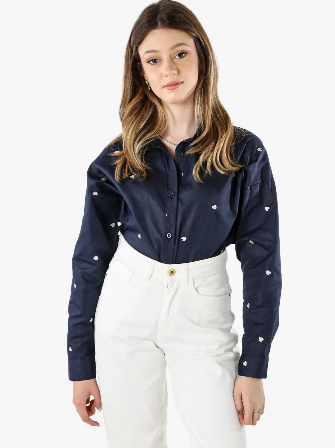 Solada Camicia donna a maniche lunghe in misto cotone con stampa cuori - blu scuro