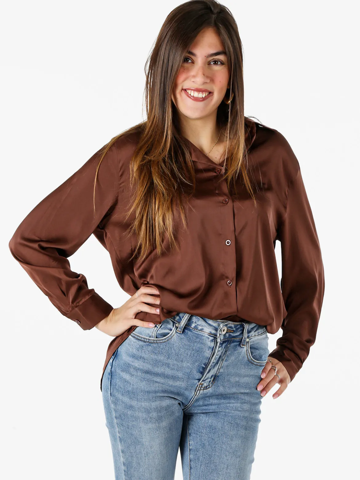 Solada Camicia donna a maniche lunghe in tessuto simil raso - moro