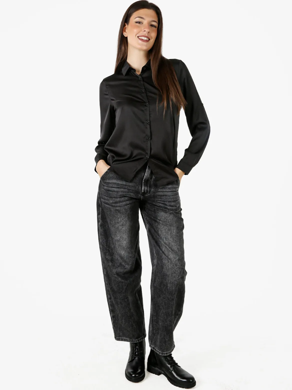 Solada Camicia donna effetto raso a maniche lunghe - nero