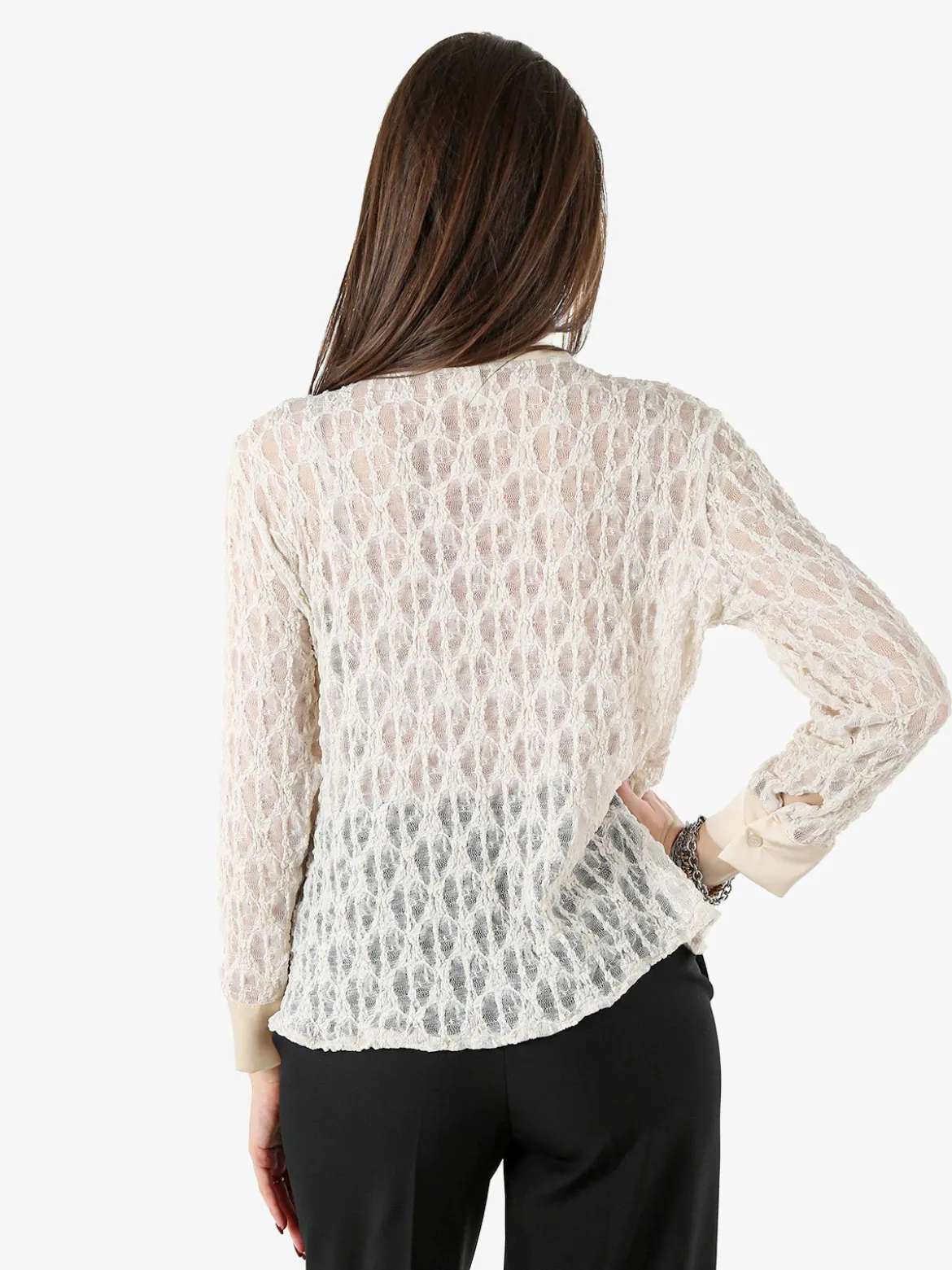 Solada Camicia donna in pizzo a maniche lunghe con dettagli effetto raso - beige