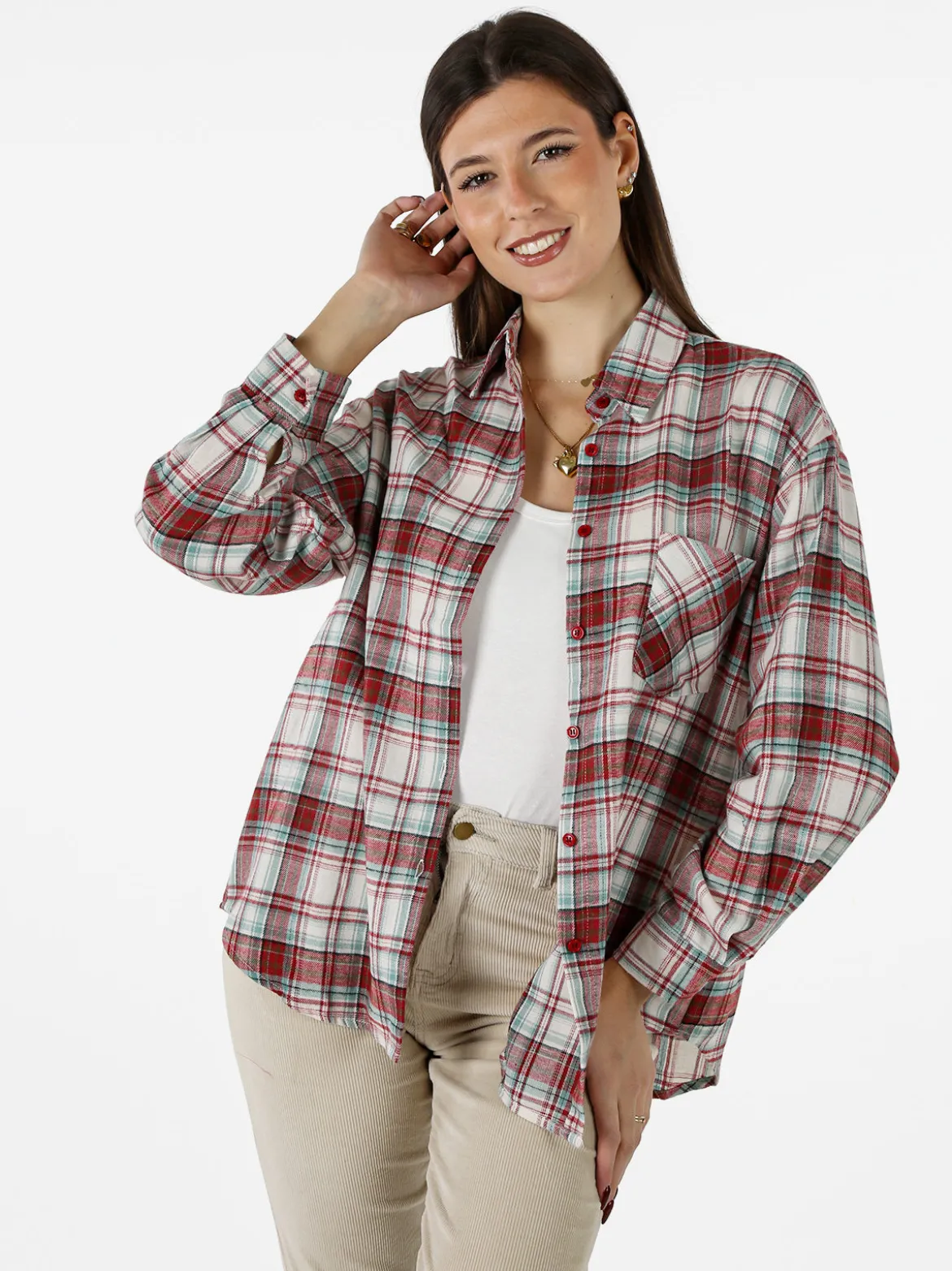 Solada Camicia donna oversize a quadri in flanella - rosso