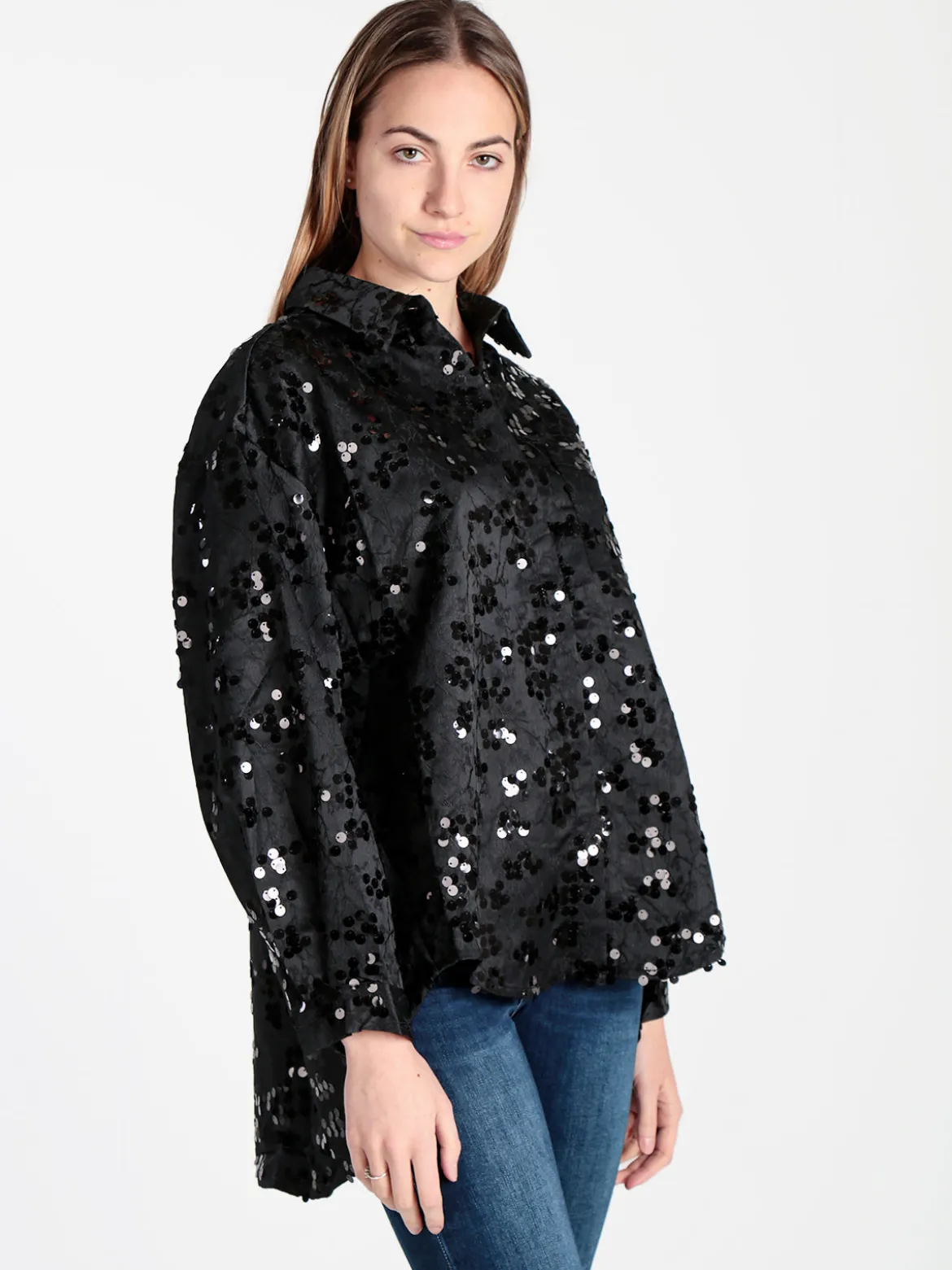 Solada Camicia donna oversize con taschino e paillettes