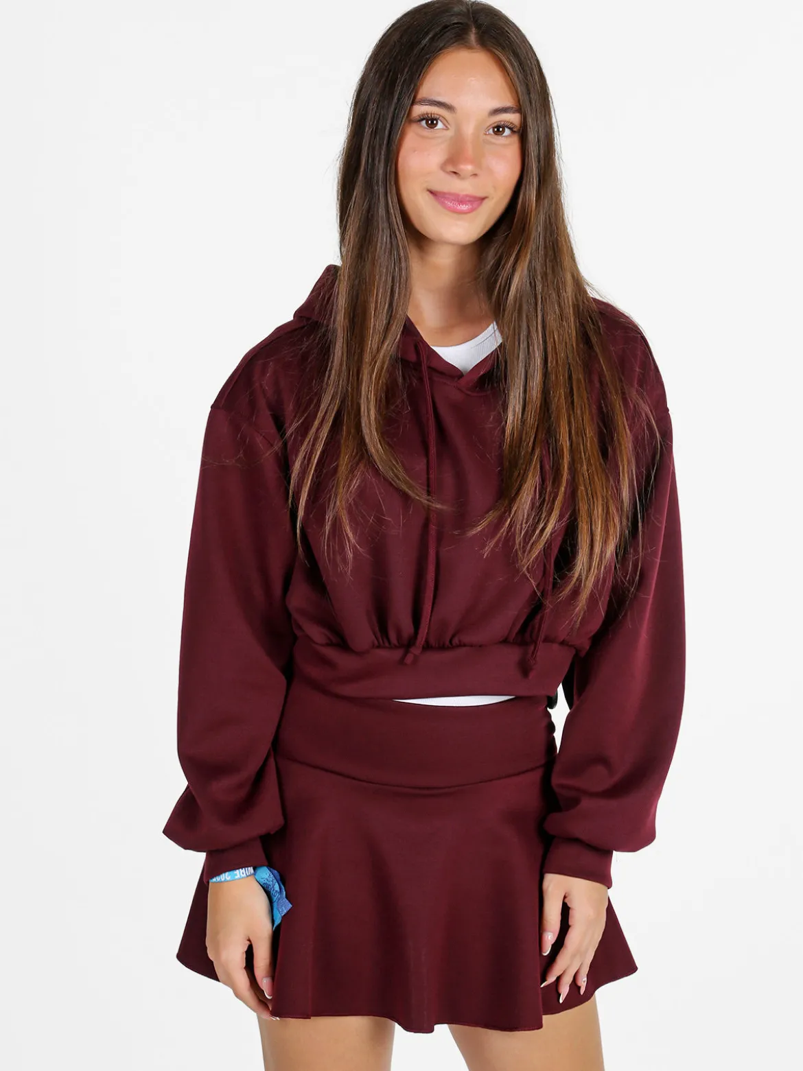 Solada Felpa donna cropped oversize con cappuccio - bordeaux