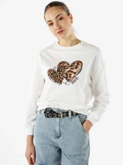 Solada Felpa donna girocollo con stampa cuori animalier - bianco