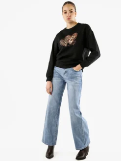 Solada Felpa donna girocollo con stampa cuori animalier - nero
