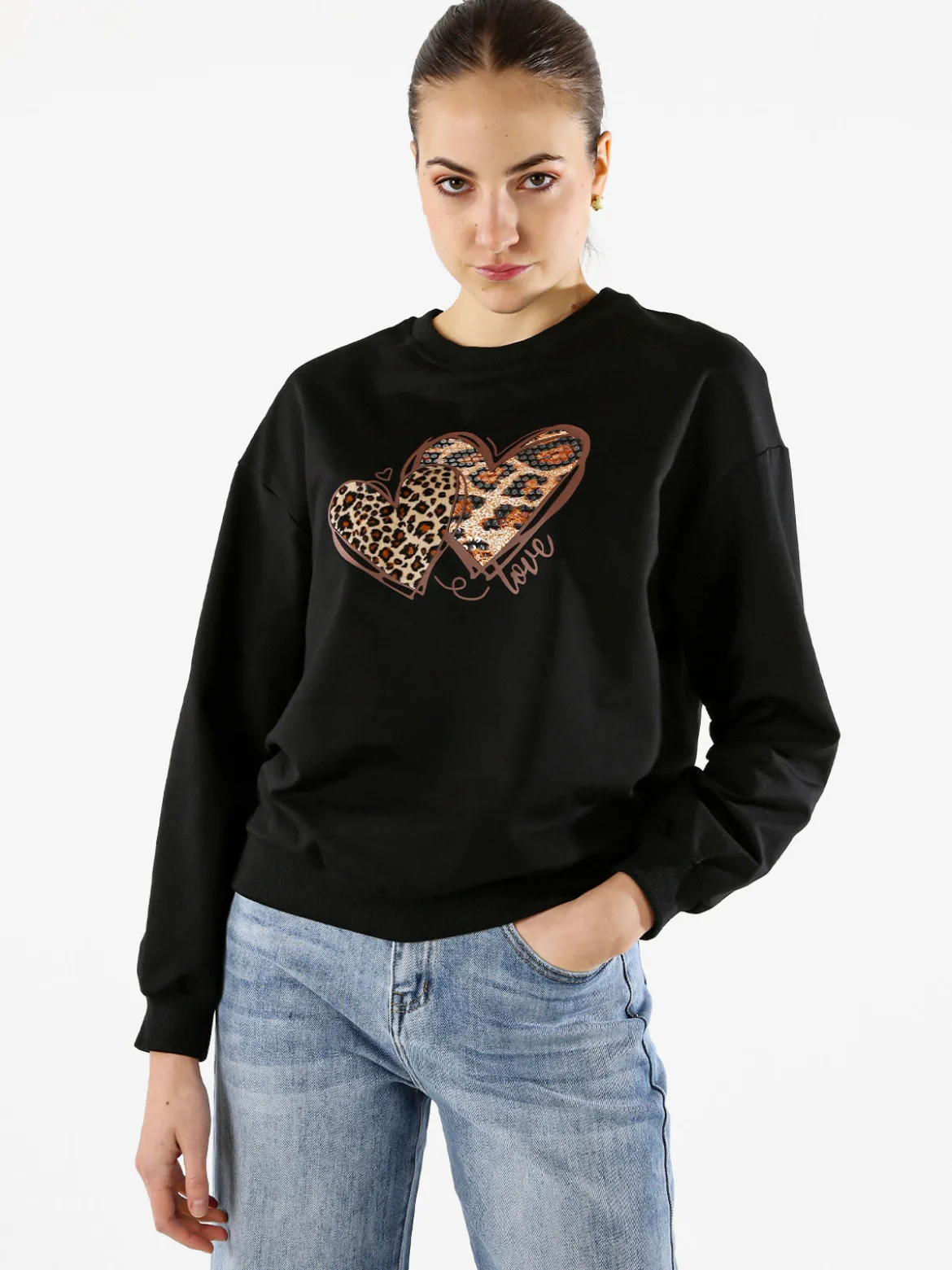 Solada Felpa donna girocollo con stampa cuori animalier - nero