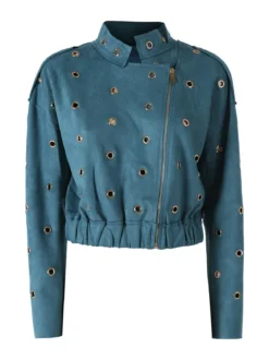 Solada Giacca corta da donna in tessuto scamosciato con anelli dorati - ottanio