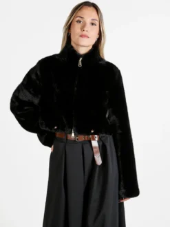 Solada Giacca donna cropped in pelliccia sintetica con coulisse - nero
