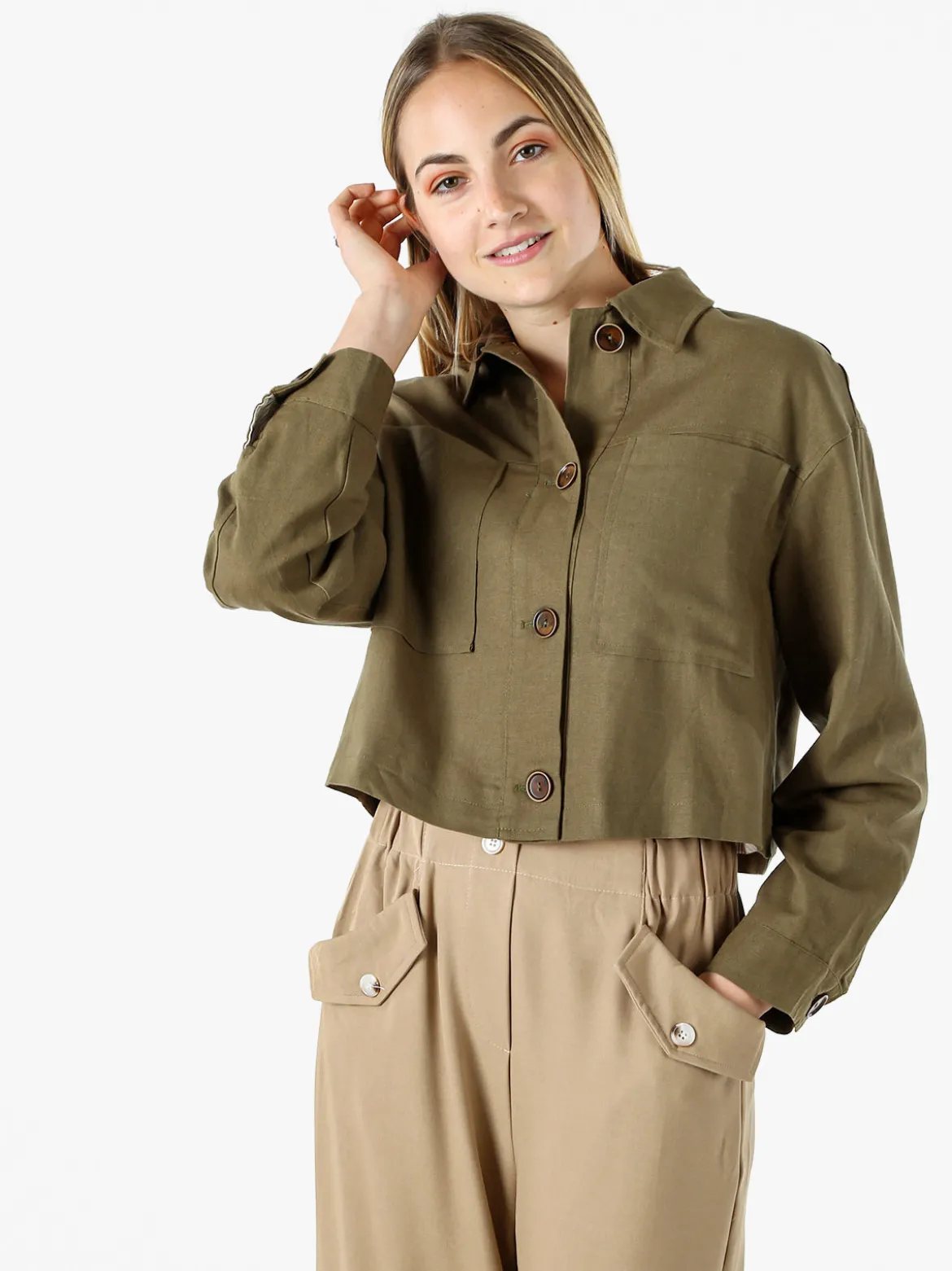 Solada Giacca oversize da donna in misto cotone e lino - militare