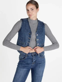 Solada Gilet donna in jeans con strass
