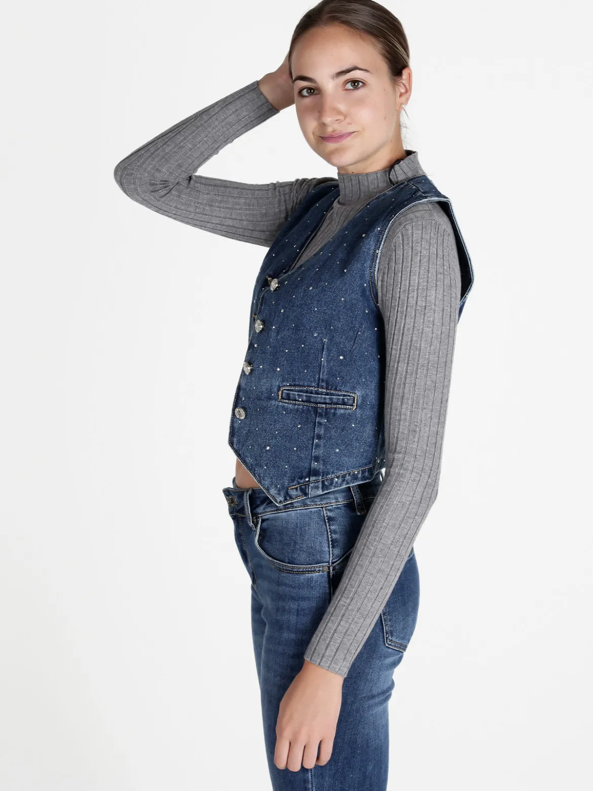 Solada Gilet donna in jeans con strass