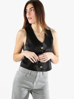 Solada Gilet donna in tessuto cangiante con bottoni dorati - nero