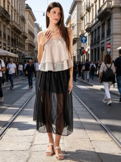 Solada Gonna lunga da donna con cintura bicolore in corda - nero