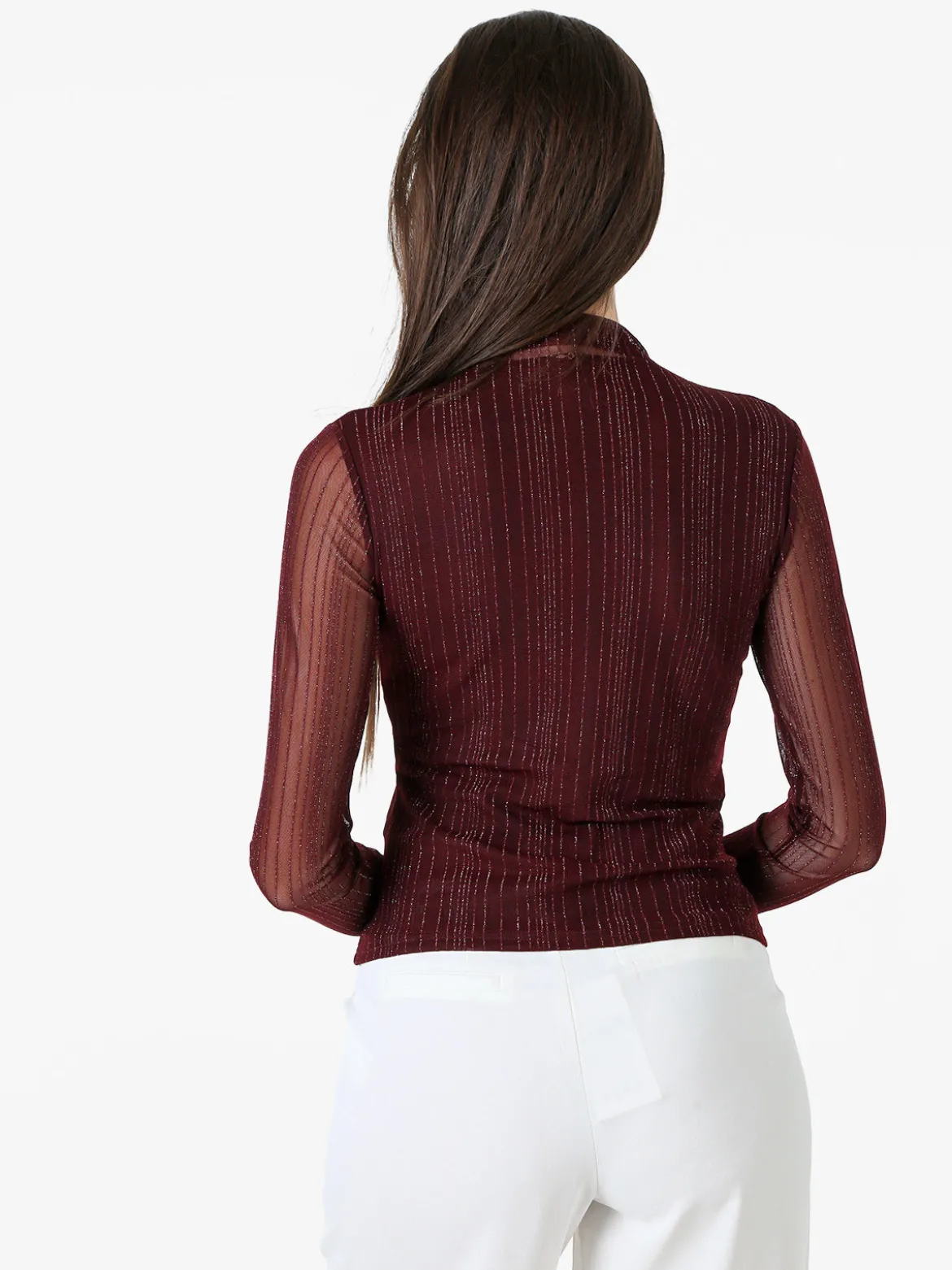 Solada Maglia donna accollata con maniche lunghe velate e dettagli lurex - bordeaux
