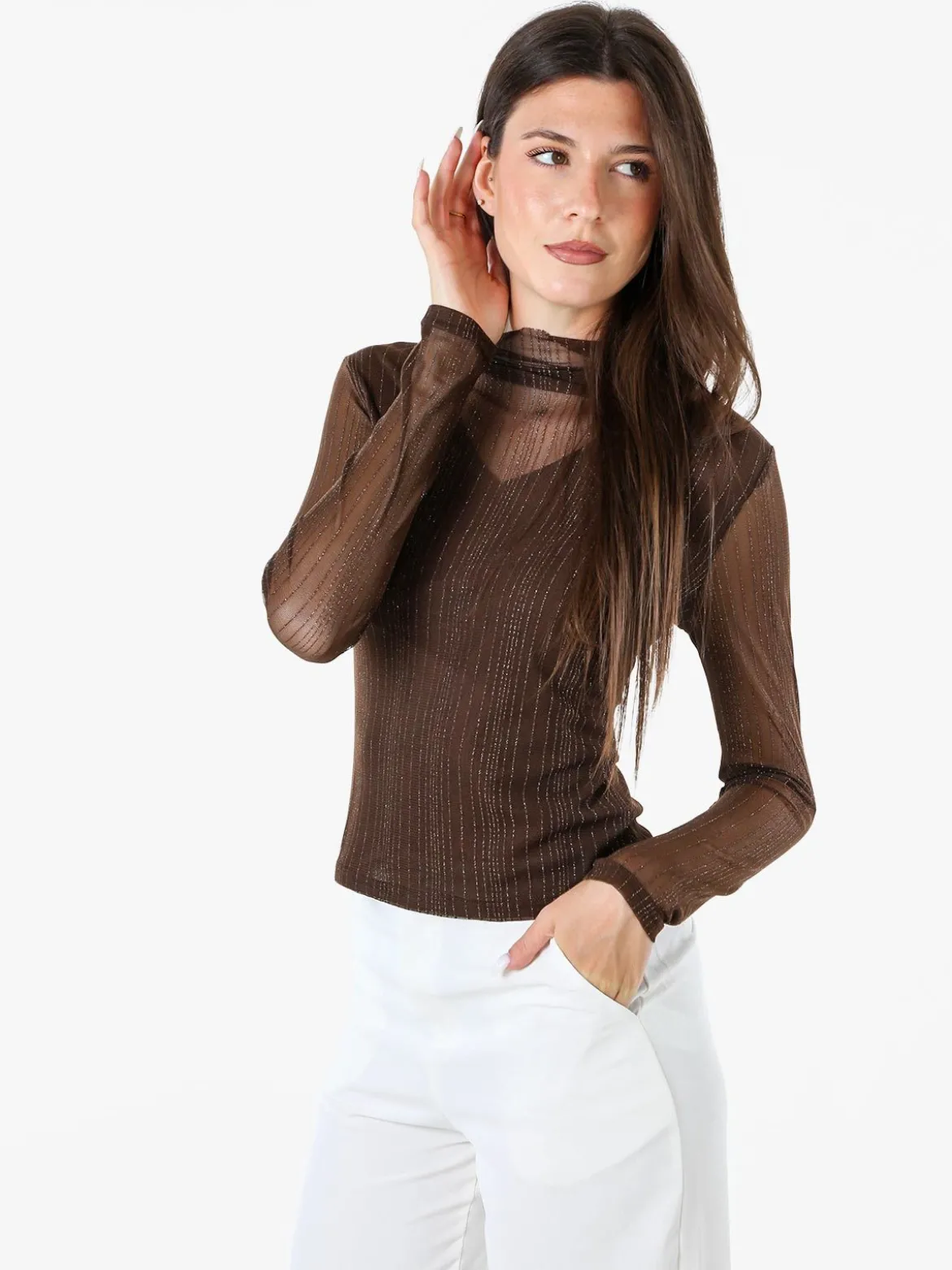 Solada Maglia donna accollata con maniche lunghe velate e dettagli lurex - moro
