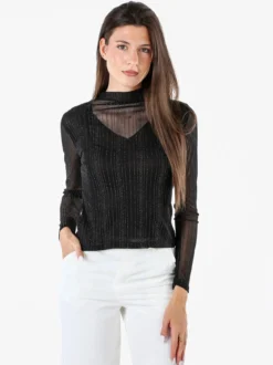 Solada Maglia donna accollata con maniche lunghe velate e dettagli lurex - nero