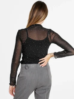 Solada Maglia donna a lupetto in microrete con borchie - nero