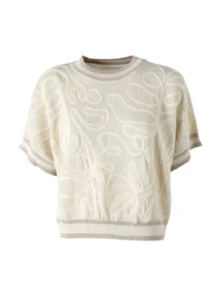 Solada Maglia donna in lurex a maniche corte con ricami - beige