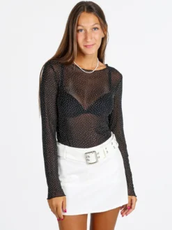 Solada Maglia girocollo da donna in microrete con borchie - nero