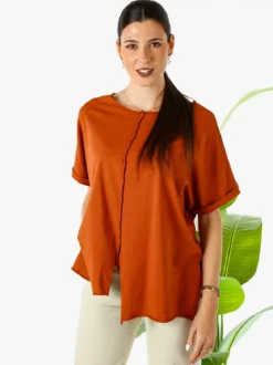 Solada Maxi t-shirt donna in cotone con maniche risvoltate - cuoio