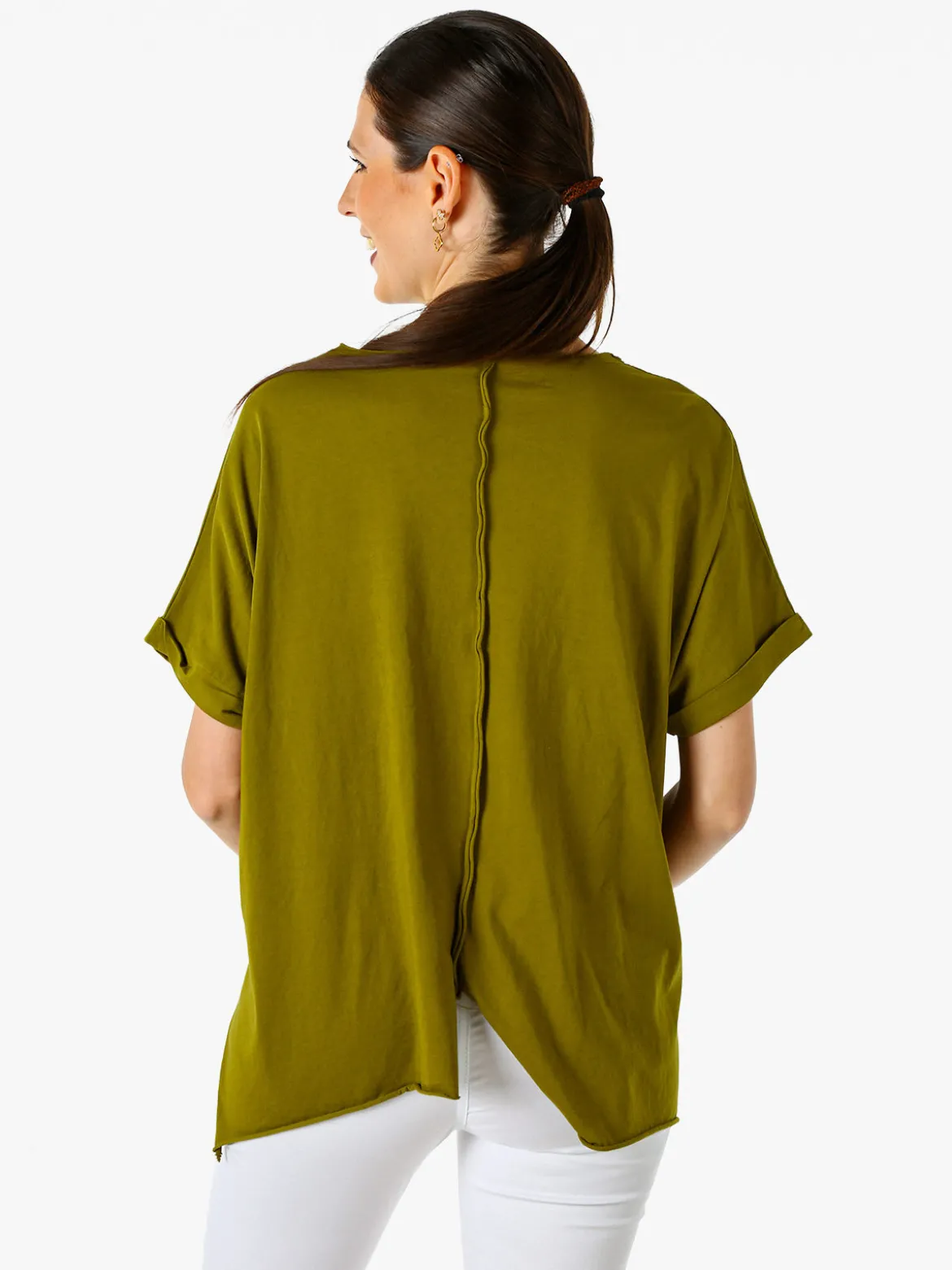 Solada Maxi t-shirt donna in cotone con maniche risvoltate - oliva