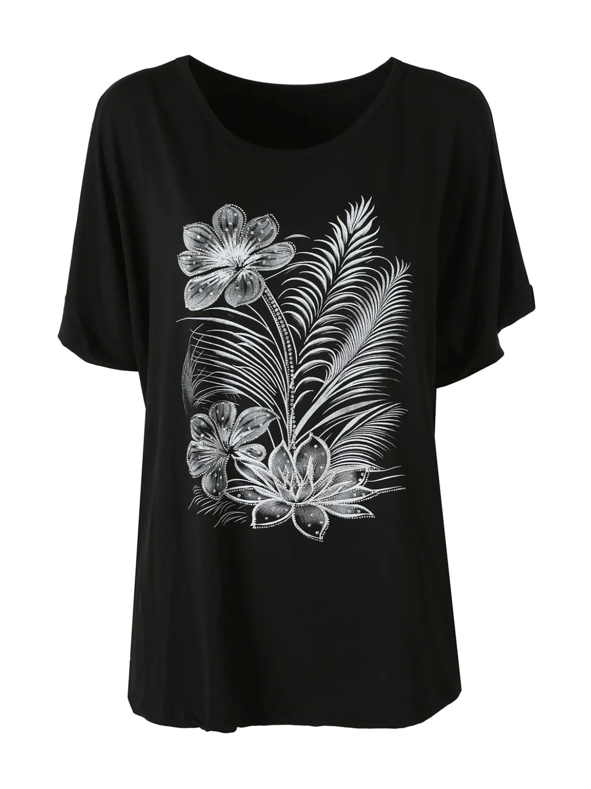 Solada Maxi t-shirt donna in viscosa con stampa fiori e dettagli micro borchie - nero
