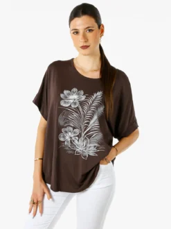 Solada Maxi t-shirt donna in viscosa con stampa fiori e dettagli micro borchie - marrone