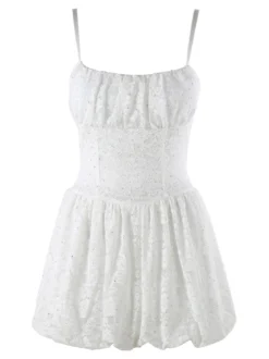 Solada Mini abito jumpsuite da donna con gonna a palloncino e strass - bianco
