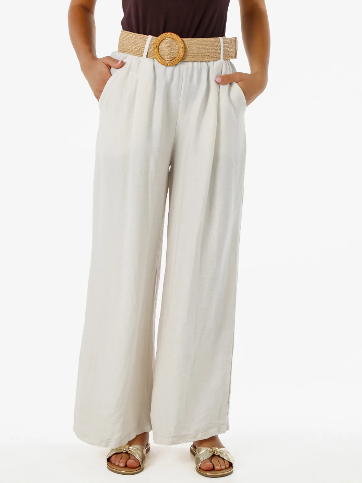 Solada Pantaloni donna a gamba larga in viscosa con cintura in rafia - beige