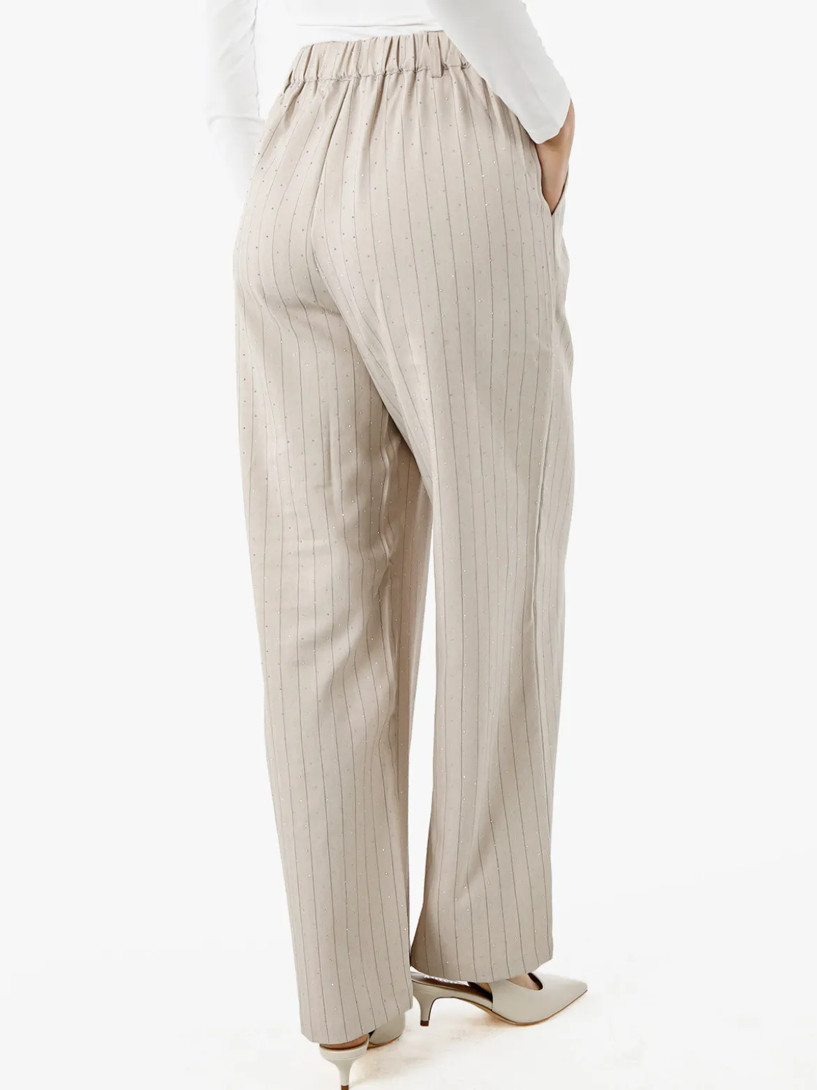 Solada Pantaloni donna a palazzo con micro borchie luccicanti - beige