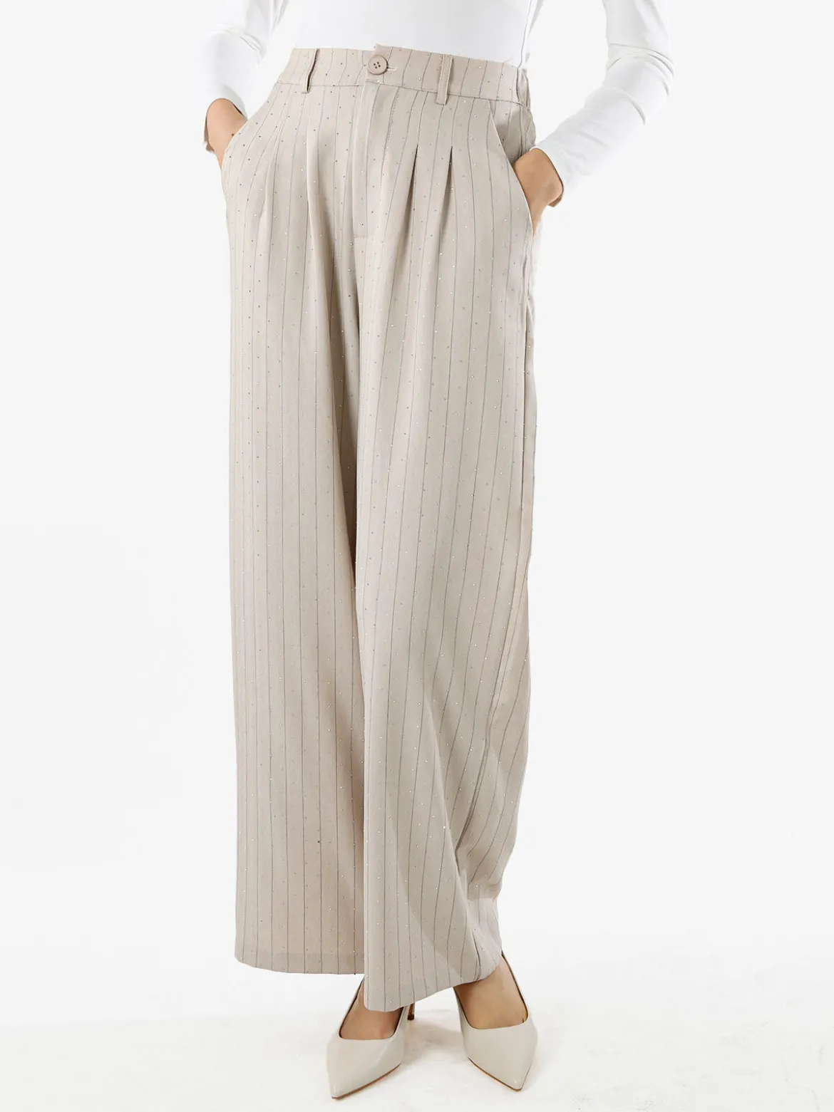 Solada Pantaloni donna a palazzo con micro borchie luccicanti - beige